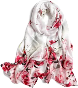 100% Mulberry Silk Scarfs for Women Floral Print Satin Long Scarf for Headscarf Hair Wraps Shawl with Gift Packed