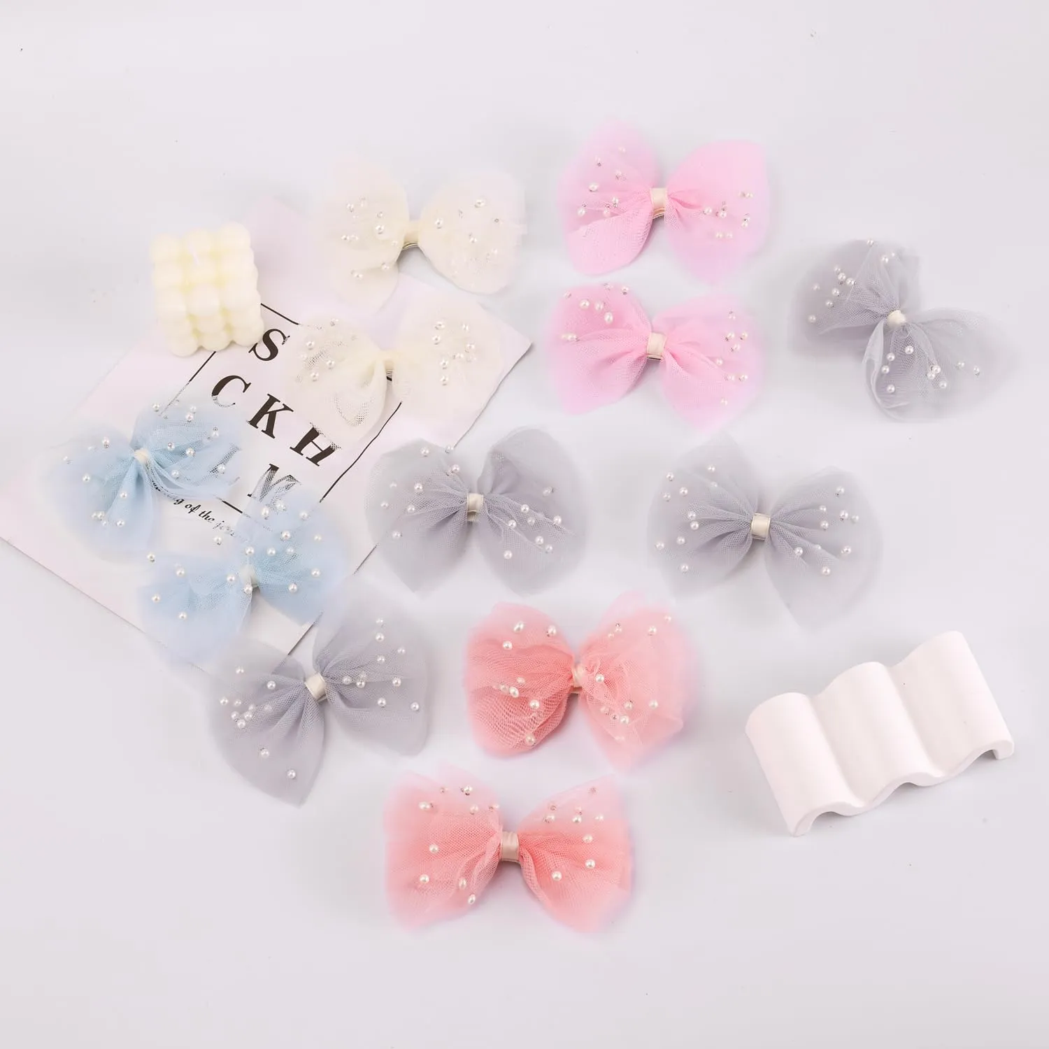 2 PCS Pearl Hair Bows Hair Clips for Toddler Girls - Elegant Ivory Lace Veil Hair Accessories for Birthday, Wedding, Halloween, Thanksgiving, and Christmas Occasions(Grey)
