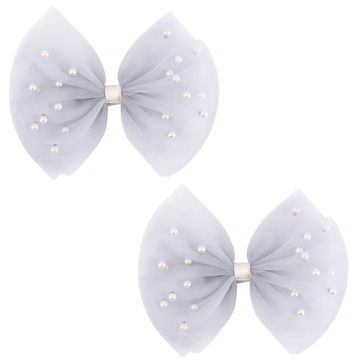 2 PCS Pearl Hair Bows Hair Clips for Toddler Girls - Elegant Ivory Lace Veil Hair Accessories for Birthday, Wedding, Halloween, Thanksgiving, and Christmas Occasions(Grey)