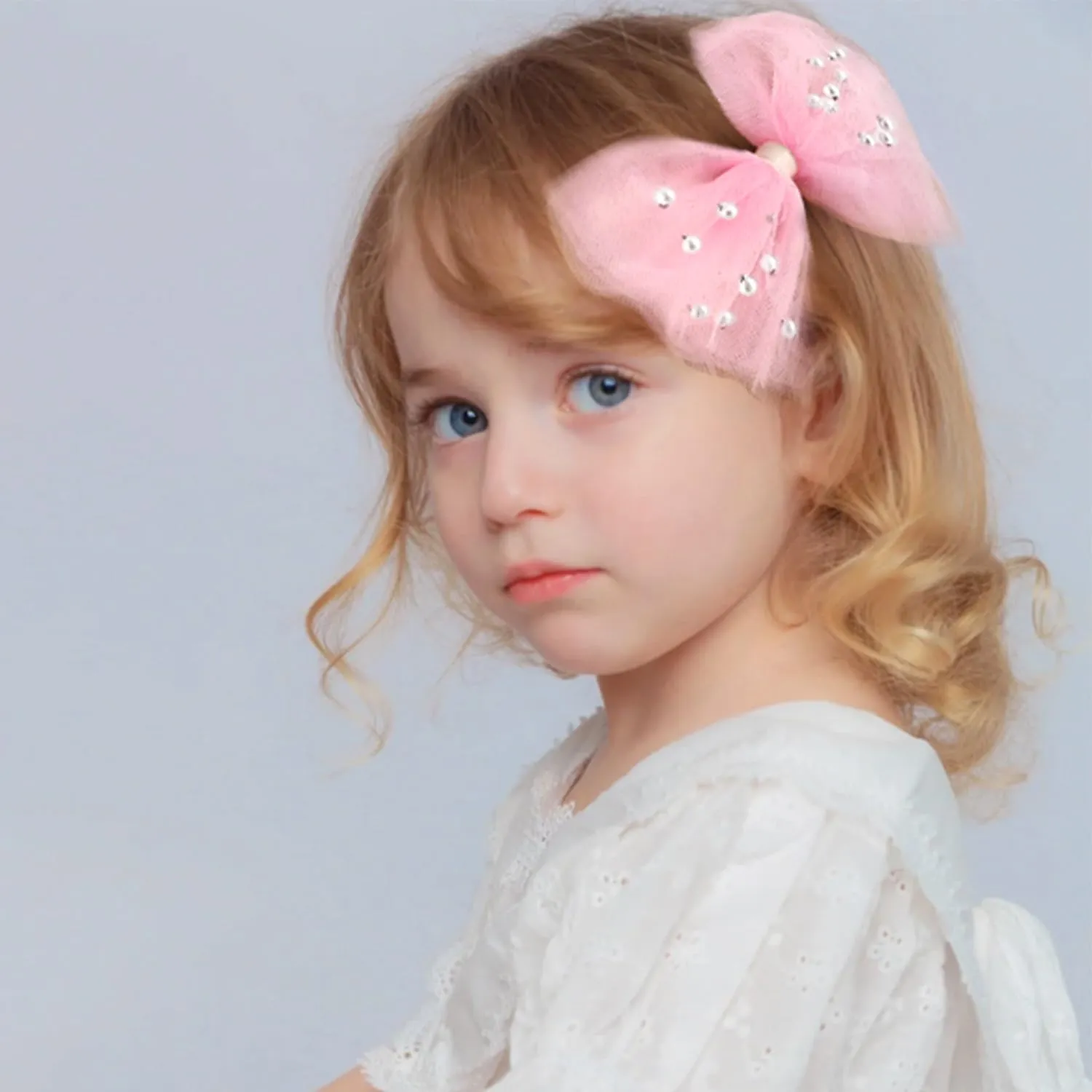 2 PCS Pearl Hair Bows Hair Clips for Toddler Girls - Elegant Ivory Lace Veil Hair Accessories for Birthday, Wedding, Halloween, Thanksgiving, and Christmas Occasions(Light Pink)