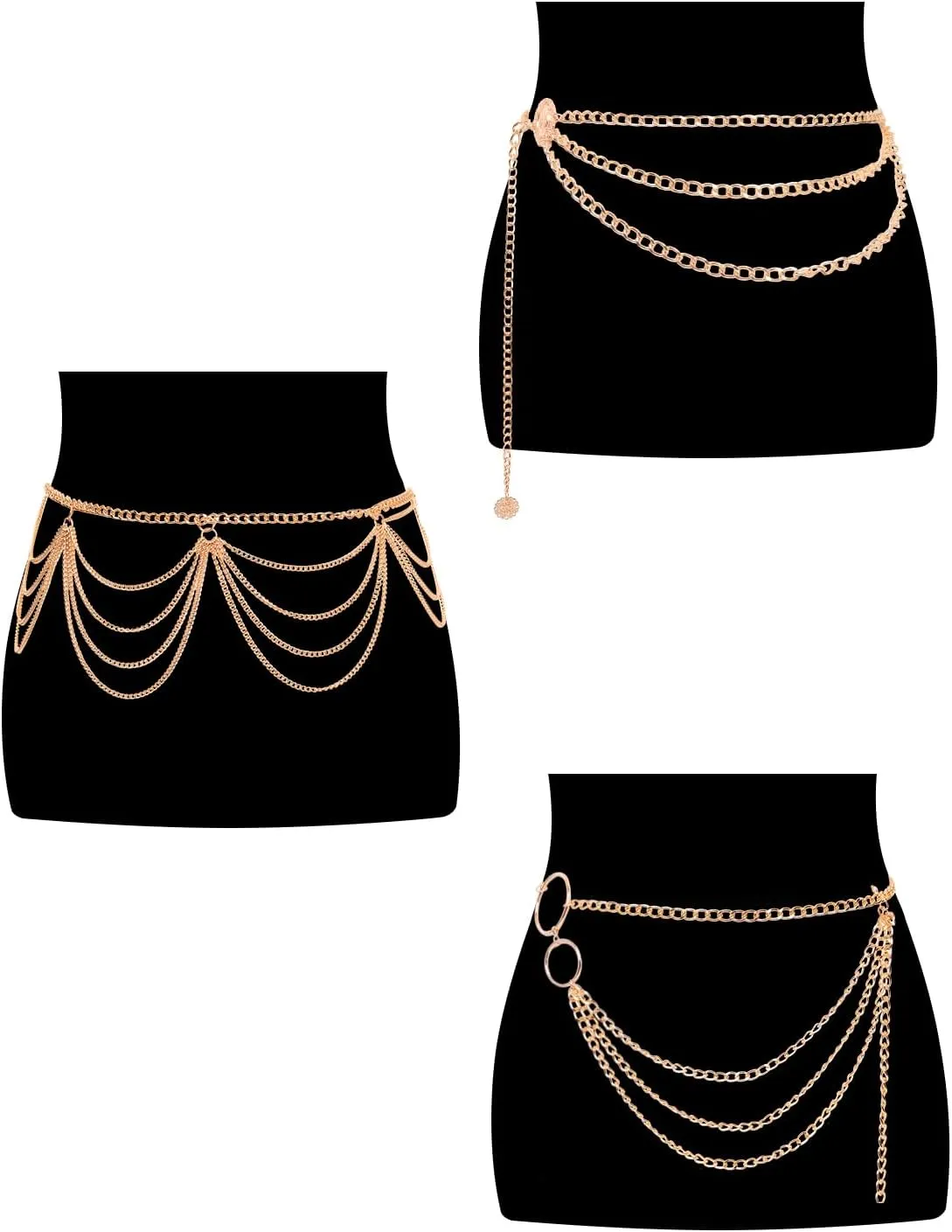 3 Pieces Belly Waist Chains for Women Multi Layer Chain Belt Multilayer Metal Body Link Belts Fashionable Belly Jewelry Adjustable Summer Beach Chain for Parties Jeans Dresses Dance Accessories
