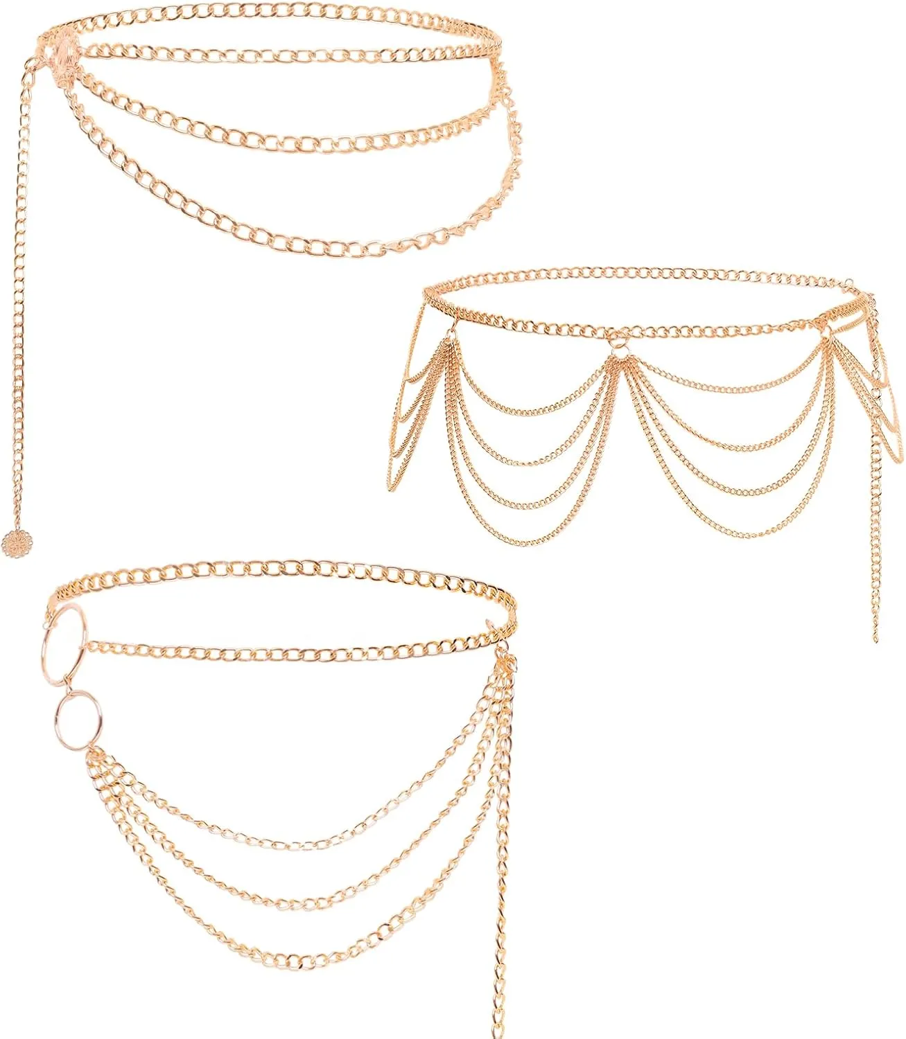 3 Pieces Belly Waist Chains for Women Multi Layer Chain Belt Multilayer Metal Body Link Belts Fashionable Belly Jewelry Adjustable Summer Beach Chain for Parties Jeans Dresses Dance Accessories