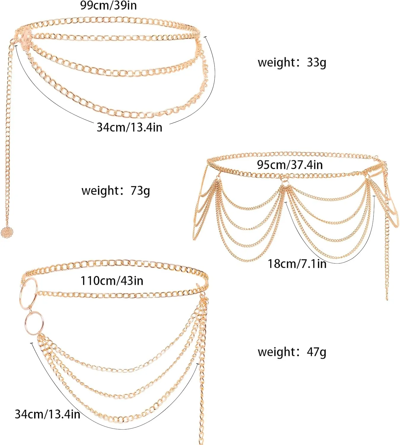 3 Pieces Belly Waist Chains for Women Multi Layer Chain Belt Multilayer Metal Body Link Belts Fashionable Belly Jewelry Adjustable Summer Beach Chain for Parties Jeans Dresses Dance Accessories