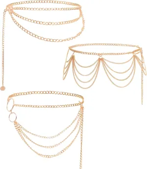 3 Pieces Belly Waist Chains for Women Multi Layer Chain Belt Multilayer Metal Body Link Belts Fashionable Belly Jewelry Adjustable Summer Beach Chain for Parties Jeans Dresses Dance Accessories