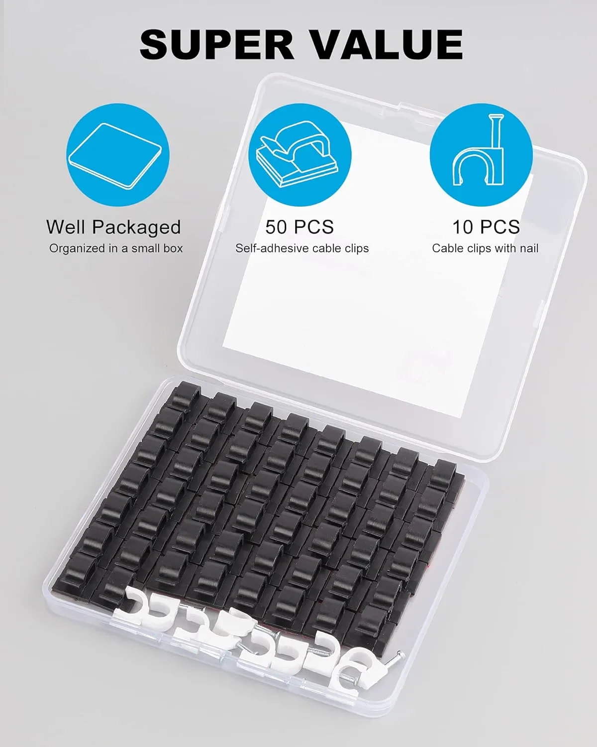 60 PCS Adhesive Cable Clips, Upgraded Wall Wire Clips for Cable Management, Strong Cord Clips Wire Holders for The Wall, Under Desk, Christmas Lights, Car, Dash Cam, Ethernet, Electric Wires Small
