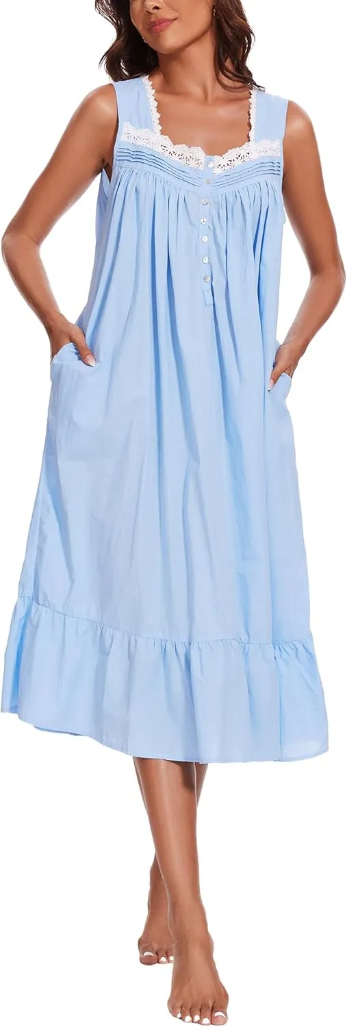 AVIIER 100% Cotton Nightgowns for Women Sleeveless Sleep Dress Ladies Gowns Sleepwear with Pockets