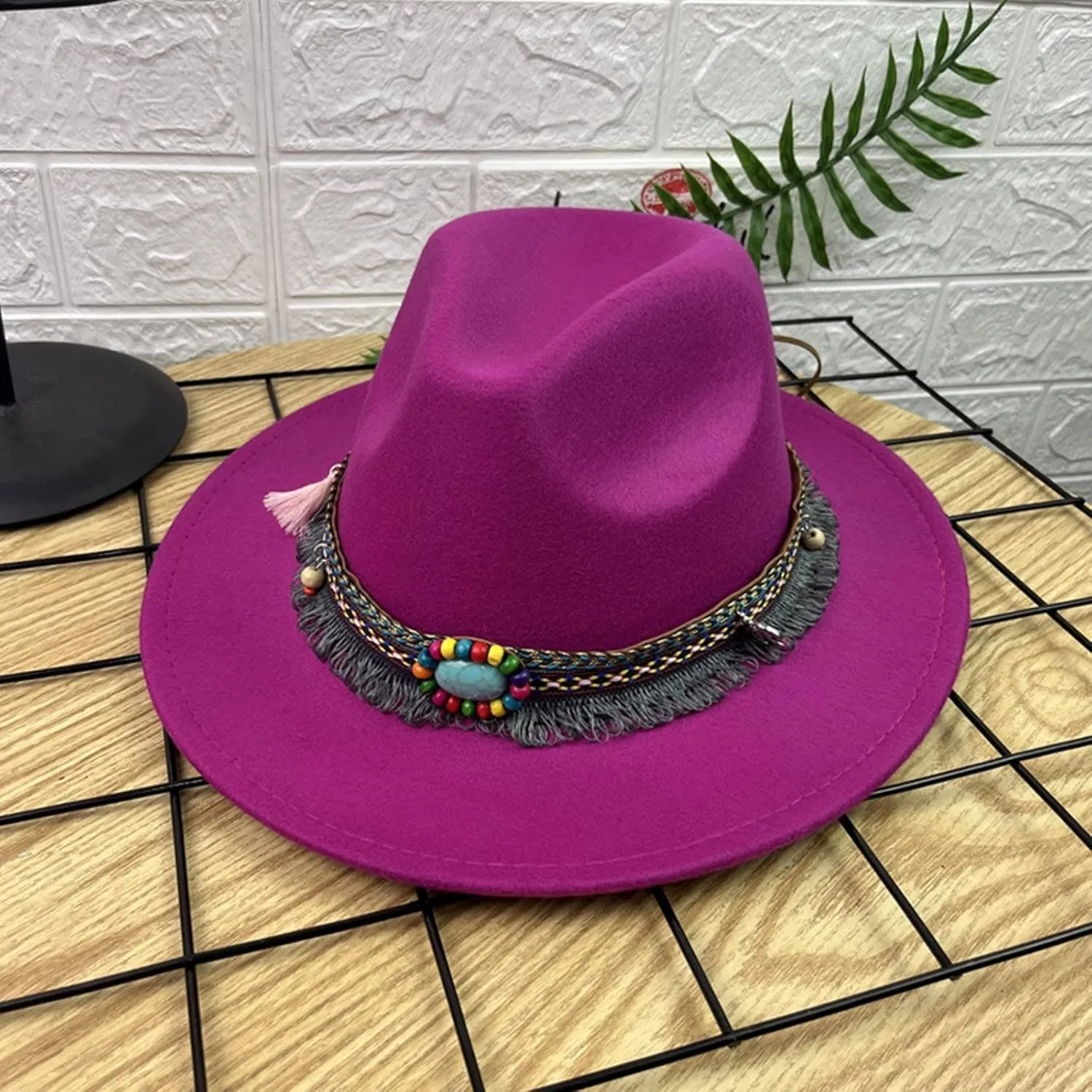 Cowboy Hat for Women Men Felt Fedora Western Wide Brim Tassel Belt Cowgirl Decorative Bands Hats