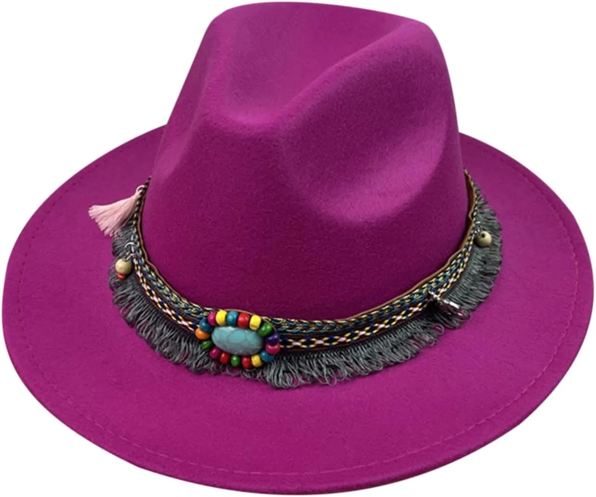 Cowboy Hat for Women Men Felt Fedora Western Wide Brim Tassel Belt Cowgirl Decorative Bands Hats