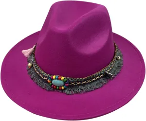 Cowboy Hat for Women Men Felt Fedora Western Wide Brim Tassel Belt Cowgirl Decorative Bands Hats