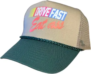 Drive Fast Eat Ass Hat Snapback Trucker Hat for Men or Women, Vintage Fit with Funny Novelty Graphic, Custom Mesh Hat