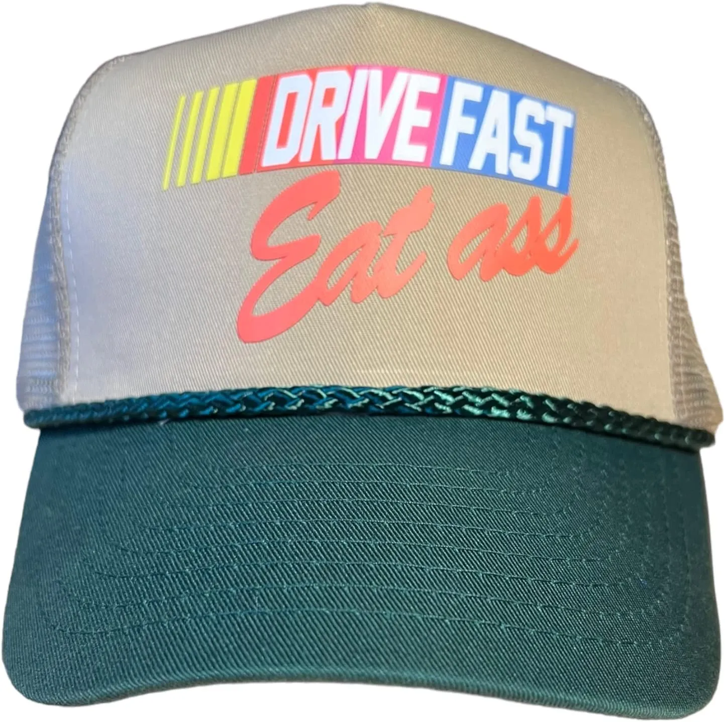 Drive Fast Eat Ass Hat Snapback Trucker Hat for Men or Women, Vintage Fit with Funny Novelty Graphic, Custom Mesh Hat