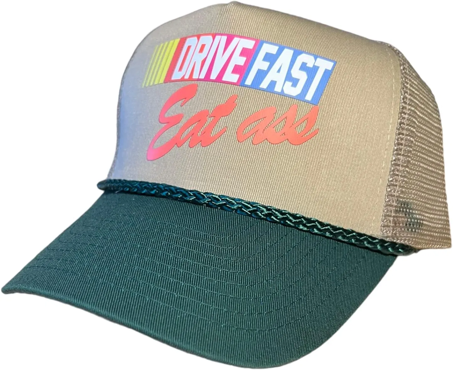 Drive Fast Eat Ass Hat Snapback Trucker Hat for Men or Women, Vintage Fit with Funny Novelty Graphic, Custom Mesh Hat
