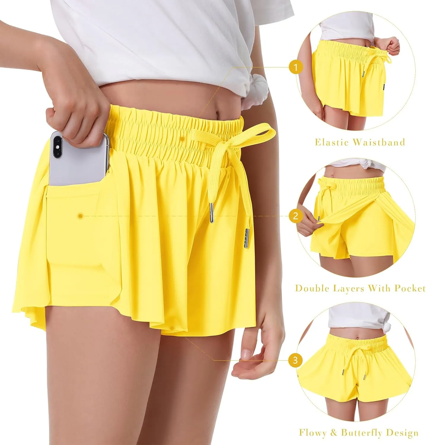 Girls Flowy Shorts Butterfly Shorts for Kids with Pocket 2-in-1 Athletic Shorts Running Shorts for Girls