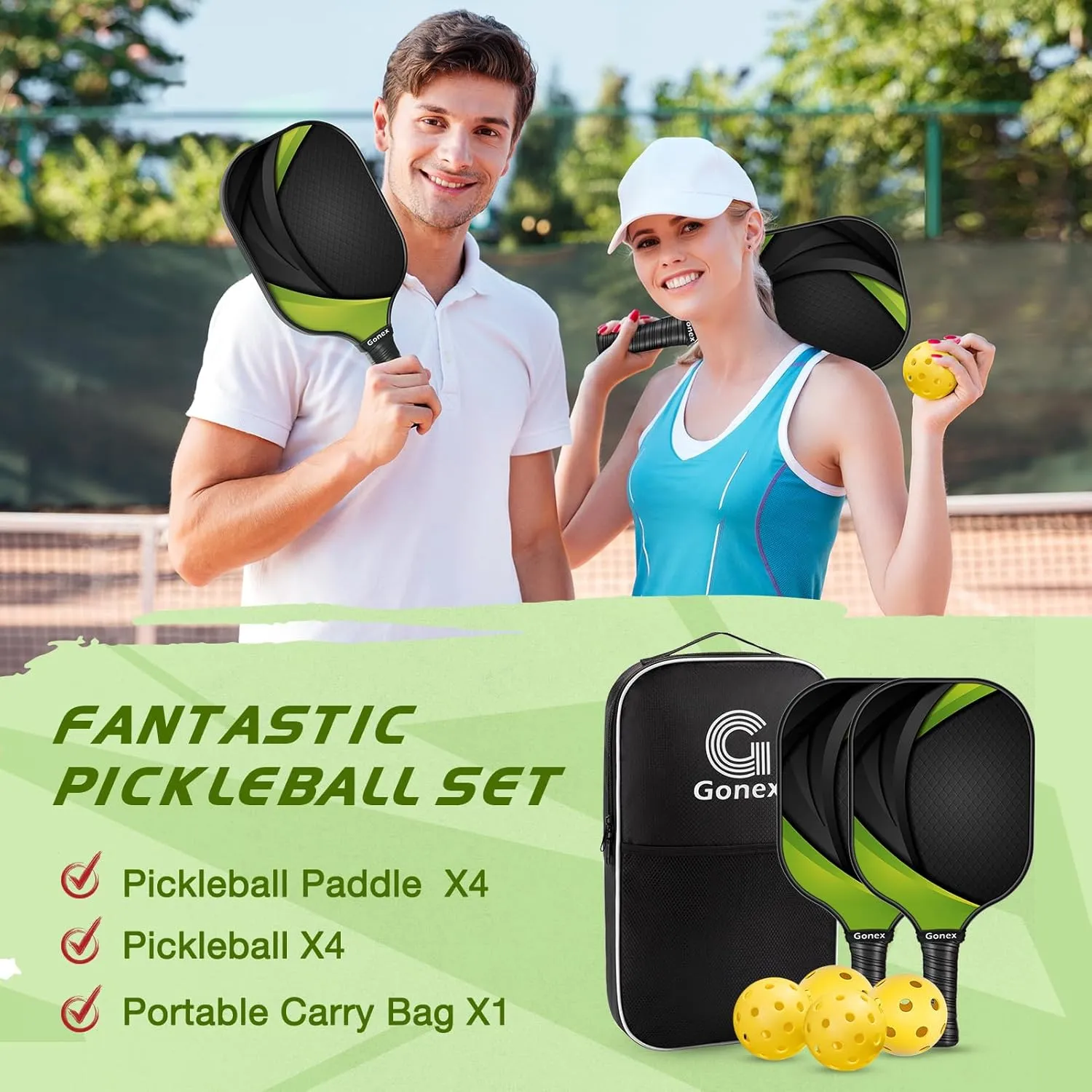 Gonex Pickleball Paddles, USAPA Approved Graphite Pickleball Rackets with Comfort Grip, Carbon Fiber Pickleball Set of 2/4 Paddles with 4 Balls, Portable Carry Bag