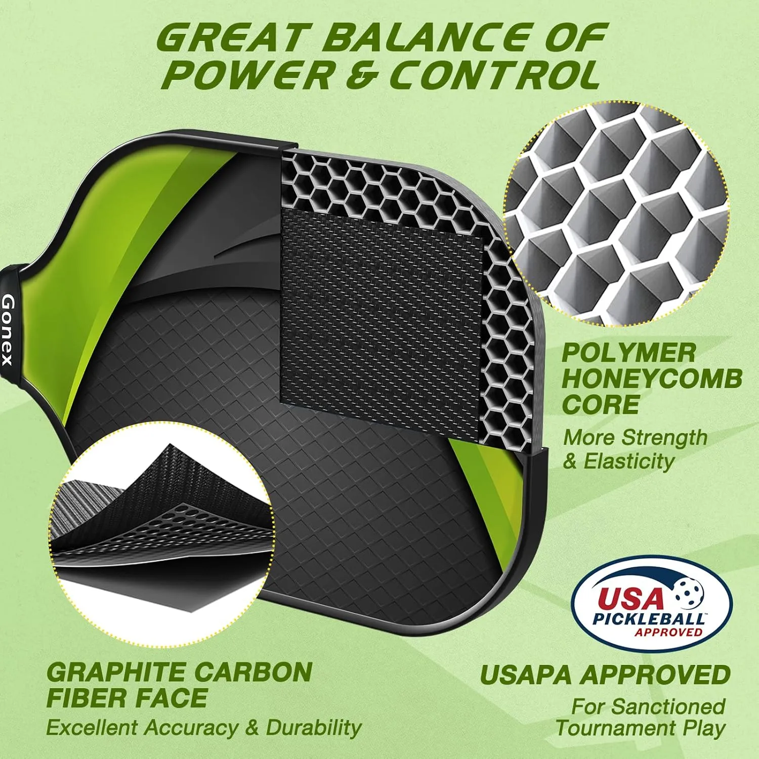 Gonex Pickleball Paddles, USAPA Approved Graphite Pickleball Rackets with Comfort Grip, Carbon Fiber Pickleball Set of 2/4 Paddles with 4 Balls, Portable Carry Bag