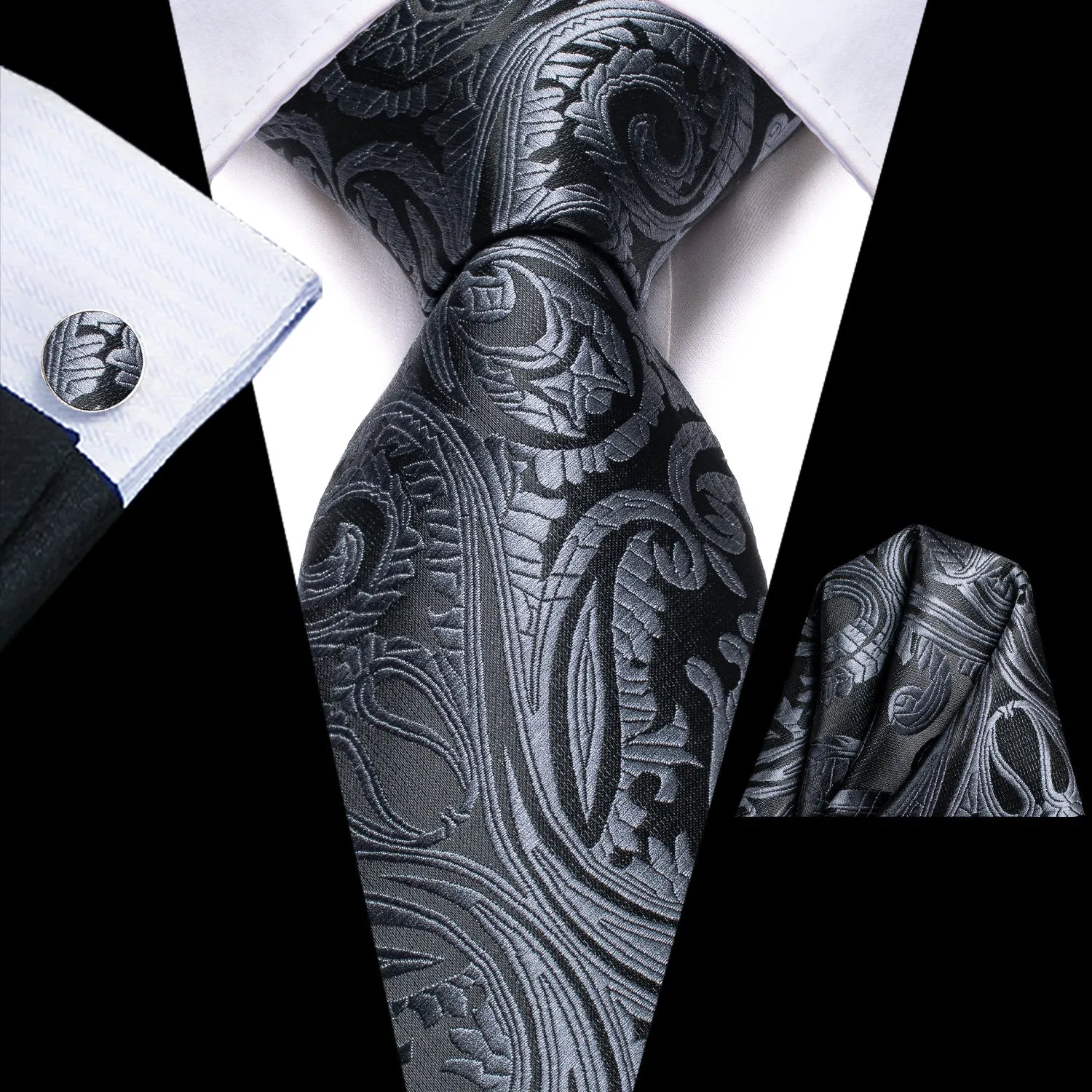 Hi-Tie Black Grey Paisley Men's Necktie Pocket Square Cufflinks Set