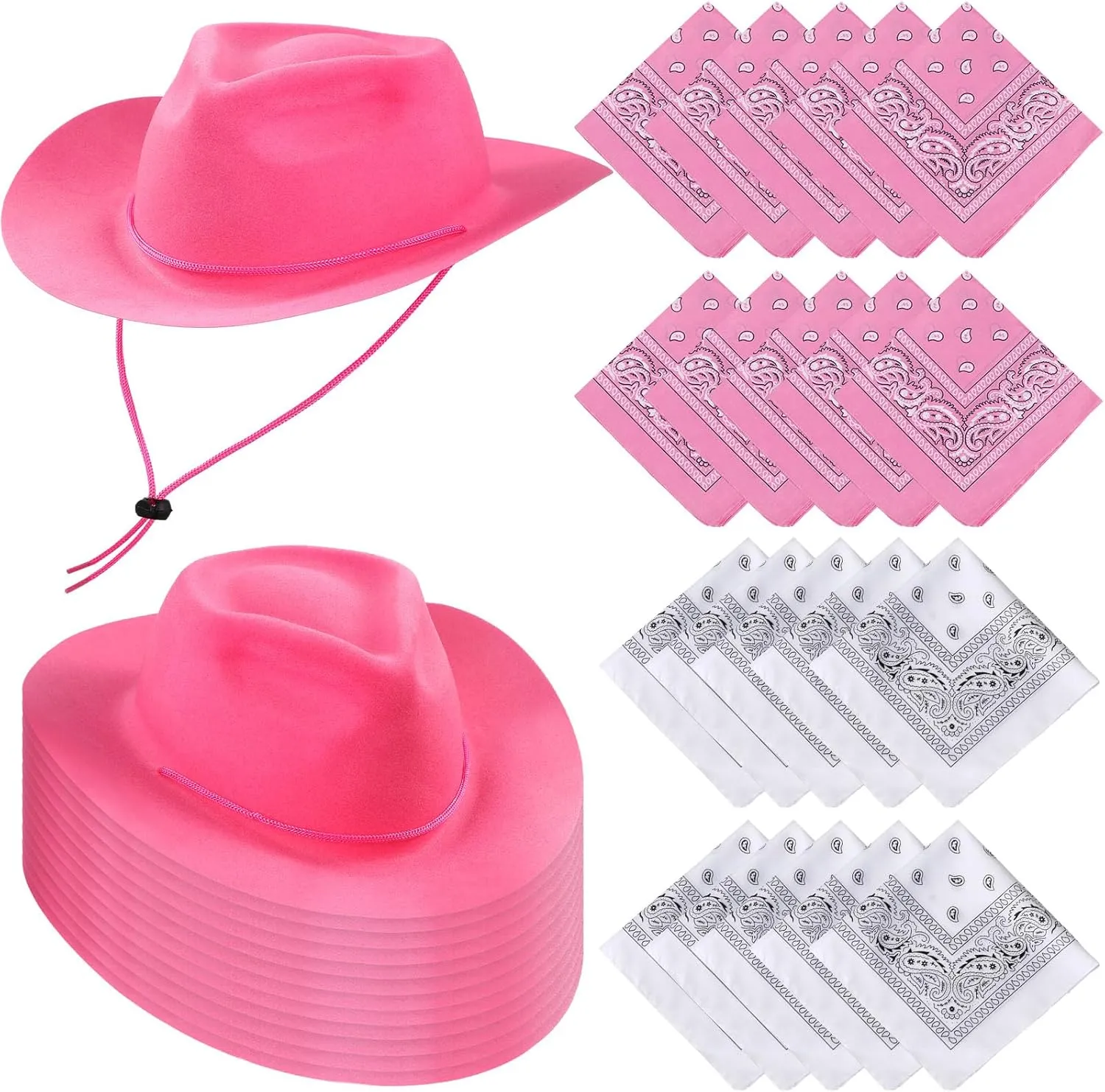 Hillban 48 Pack Cowboy Hats and Bandanas Set, Felt Plastic Cowgirl Hats for Women Men Cowboy Western Party Supplies(Pink, White)