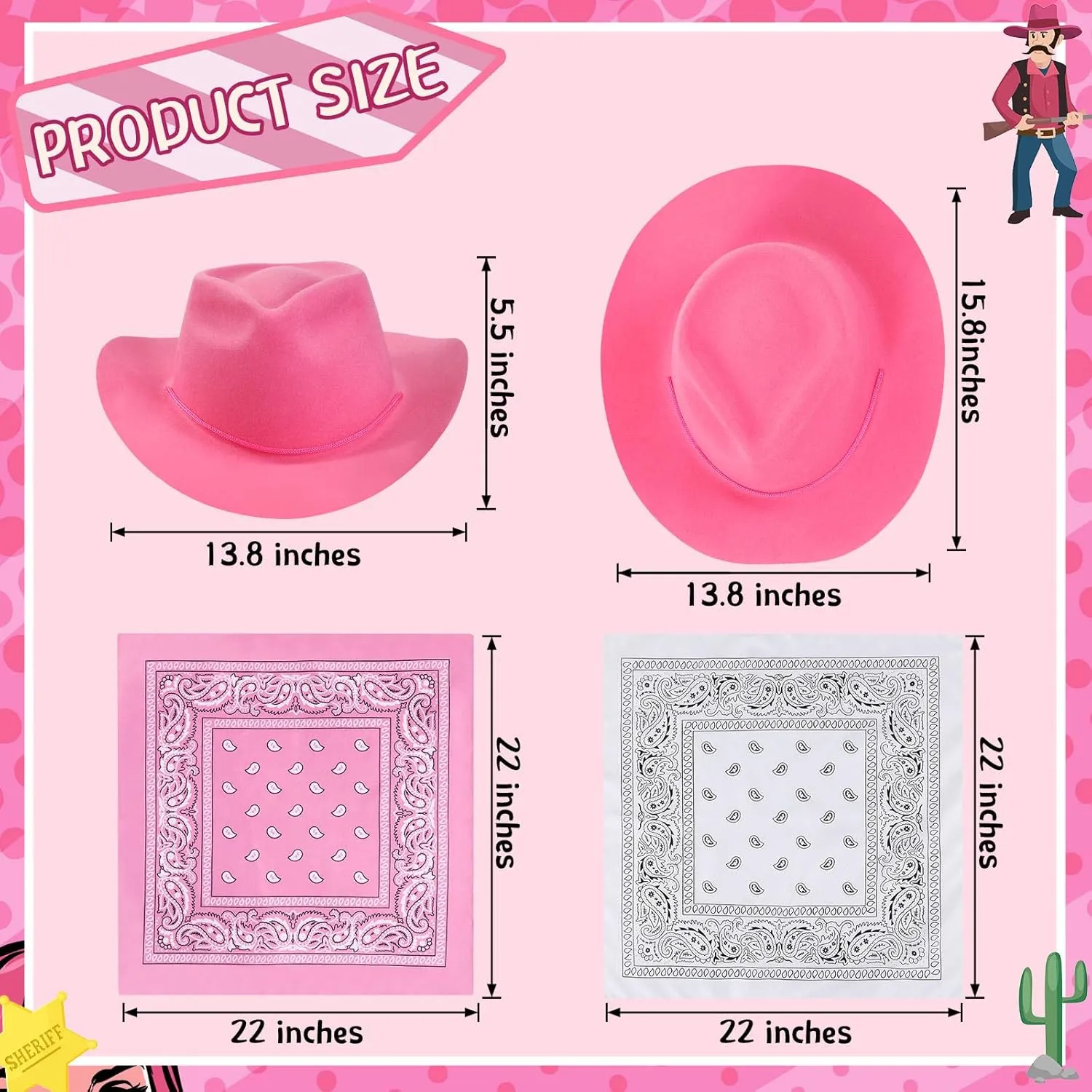 Hillban 48 Pack Cowboy Hats and Bandanas Set, Felt Plastic Cowgirl Hats for Women Men Cowboy Western Party Supplies(Pink, White)