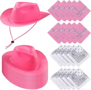 Hillban 48 Pack Cowboy Hats and Bandanas Set, Felt Plastic Cowgirl Hats for Women Men Cowboy Western Party Supplies(Pink, White)