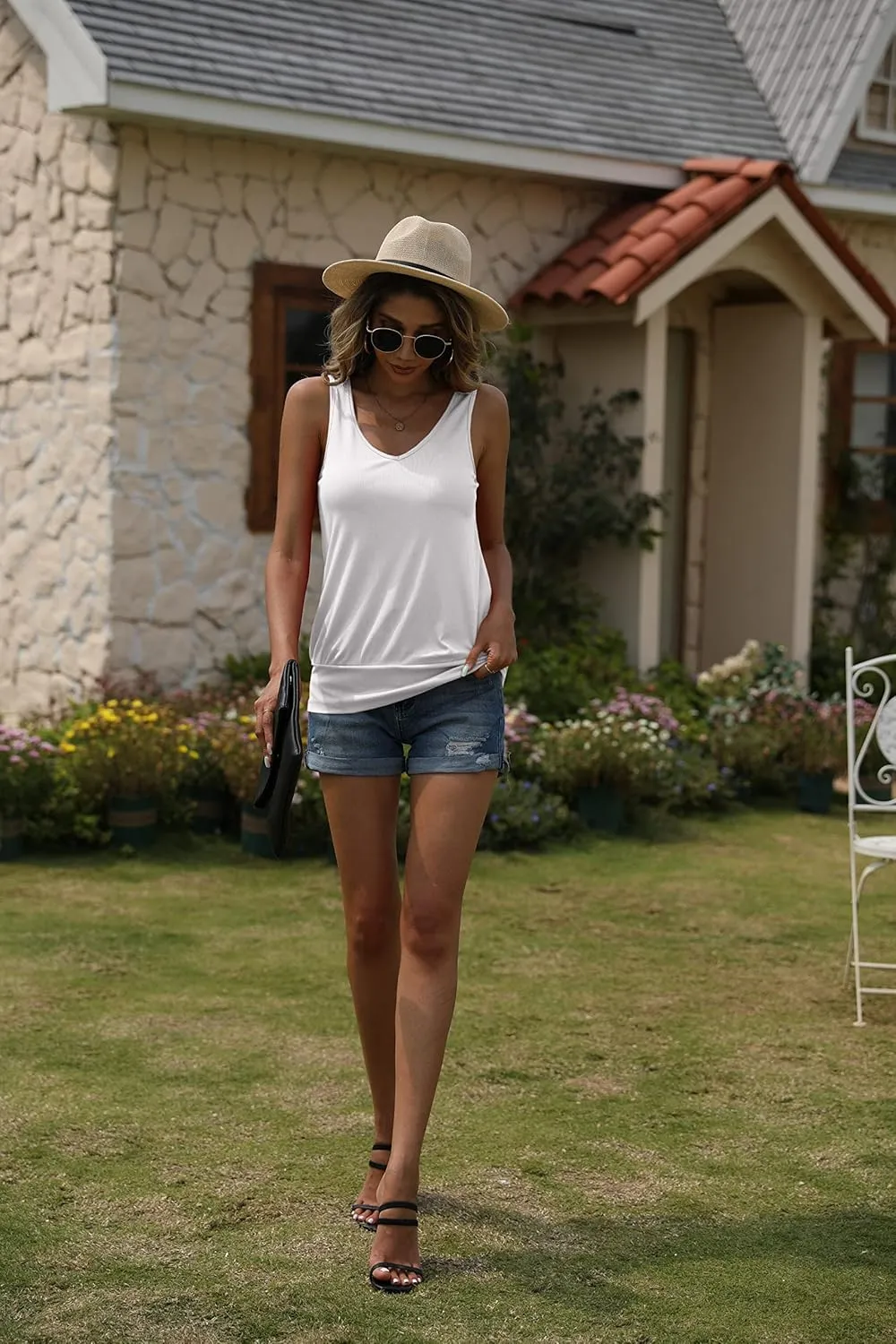 Hongqizo Women Tank Top Summer V Neck Ribbed Casual Tops Sleeveless Loose Fit Banded Bottom Camisole