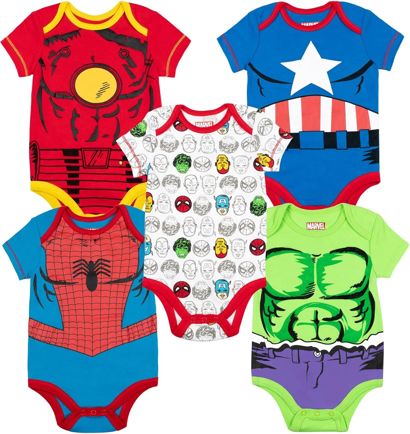 Marvel Baby Boys' 5 Pack Bodysuits - The Hulk, Spiderman, Iron Man, and Captain America