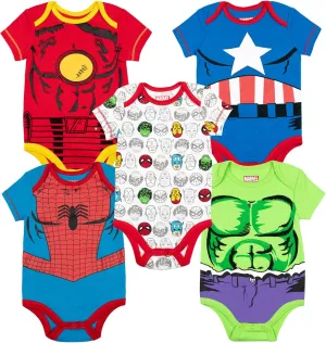 Marvel Baby Boys' 5 Pack Bodysuits - The Hulk, Spiderman, Iron Man, and Captain America