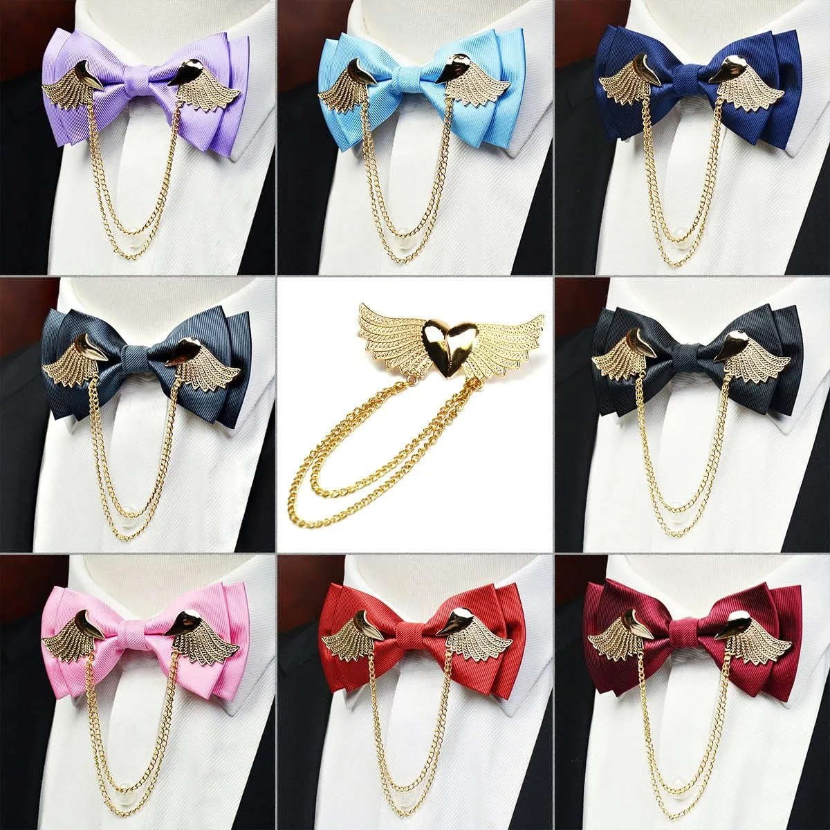 Men's Adjustable Metal Golden Wings Two Layer Neck Bowtie Bow Tie