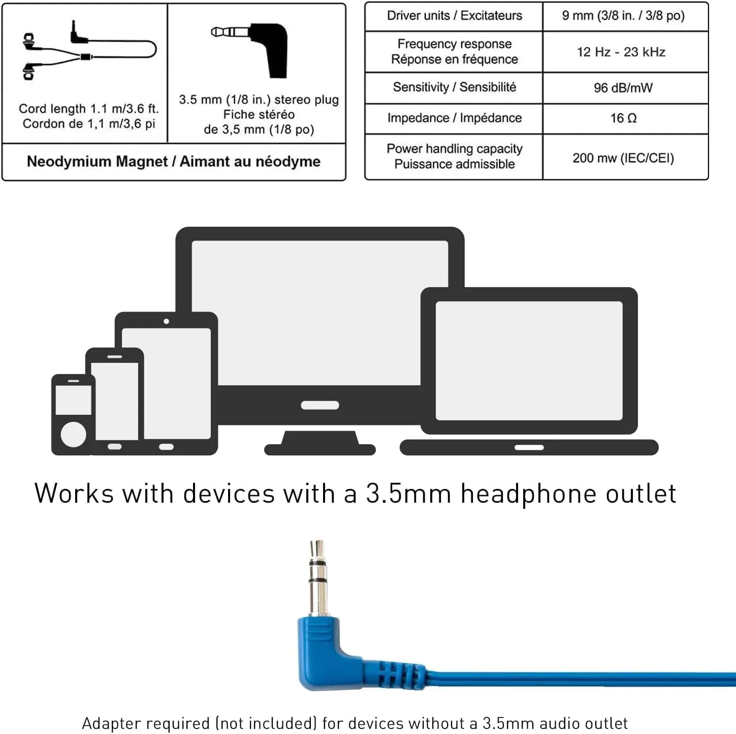 Panasonic ErgoFit Wired Earbuds, 3.5mm Jack in-Ear Headphones with Dynamic Crystal-Clear Sound and Soft Ergonomic Custom-Fit Earpieces (S/M/L), for Phones and Laptops - RP-HJE120-AA (Metallic Blue)