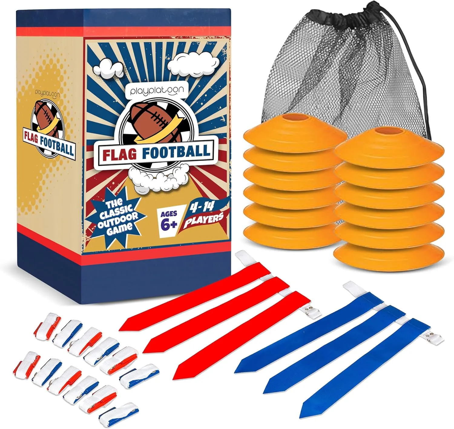 Play Platoon 14 Player Flag Football Set - 14 Football Belts & Cones, 42 Flags