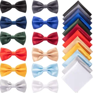 SATINIOR 24 Pcs Pre Tied Bow and Tie Pocket Square Set 12 Solid Color Adjustable Bowtie 12 Satin Handkerchief for Men Boys