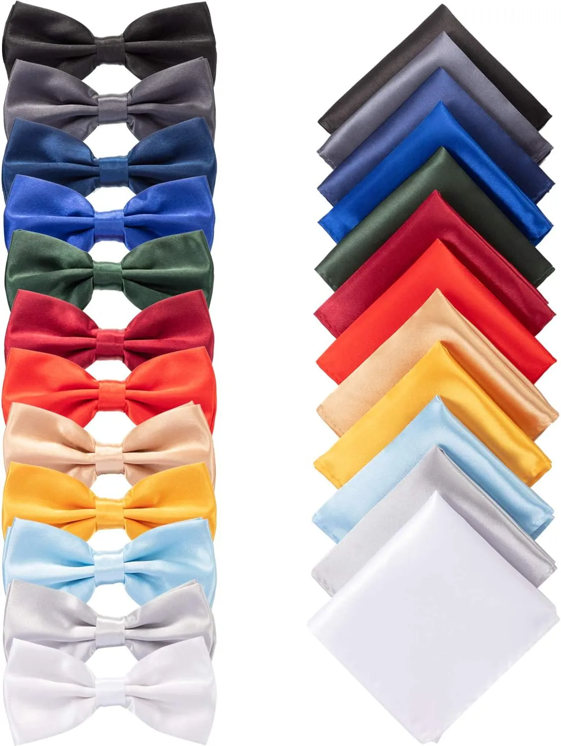SATINIOR 24 Pcs Pre Tied Bow and Tie Pocket Square Set 12 Solid Color Adjustable Bowtie 12 Satin Handkerchief for Men Boys