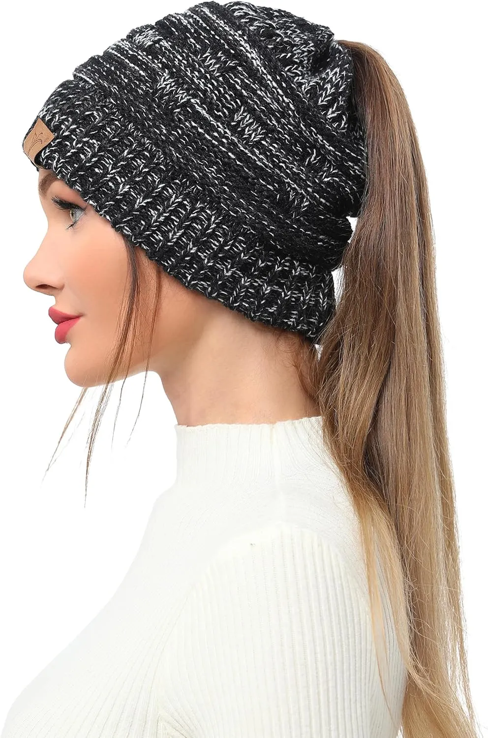 Soul Young Ponytail Messy Bun Beanie Tail Knit Hole Soft Stretch Cable Winter Hat for Women