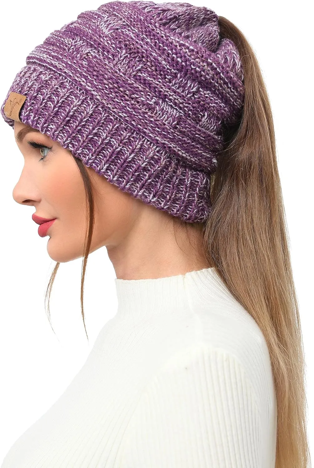 Soul Young Ponytail Messy Bun Beanie Tail Knit Hole Soft Stretch Cable Winter Hat for Women