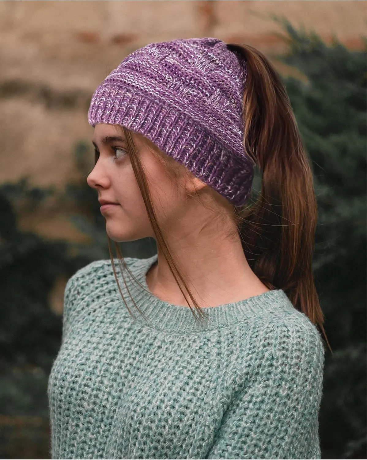 Soul Young Ponytail Messy Bun Beanie Tail Knit Hole Soft Stretch Cable Winter Hat for Women