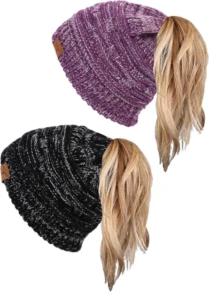 Soul Young Ponytail Messy Bun Beanie Tail Knit Hole Soft Stretch Cable Winter Hat for Women