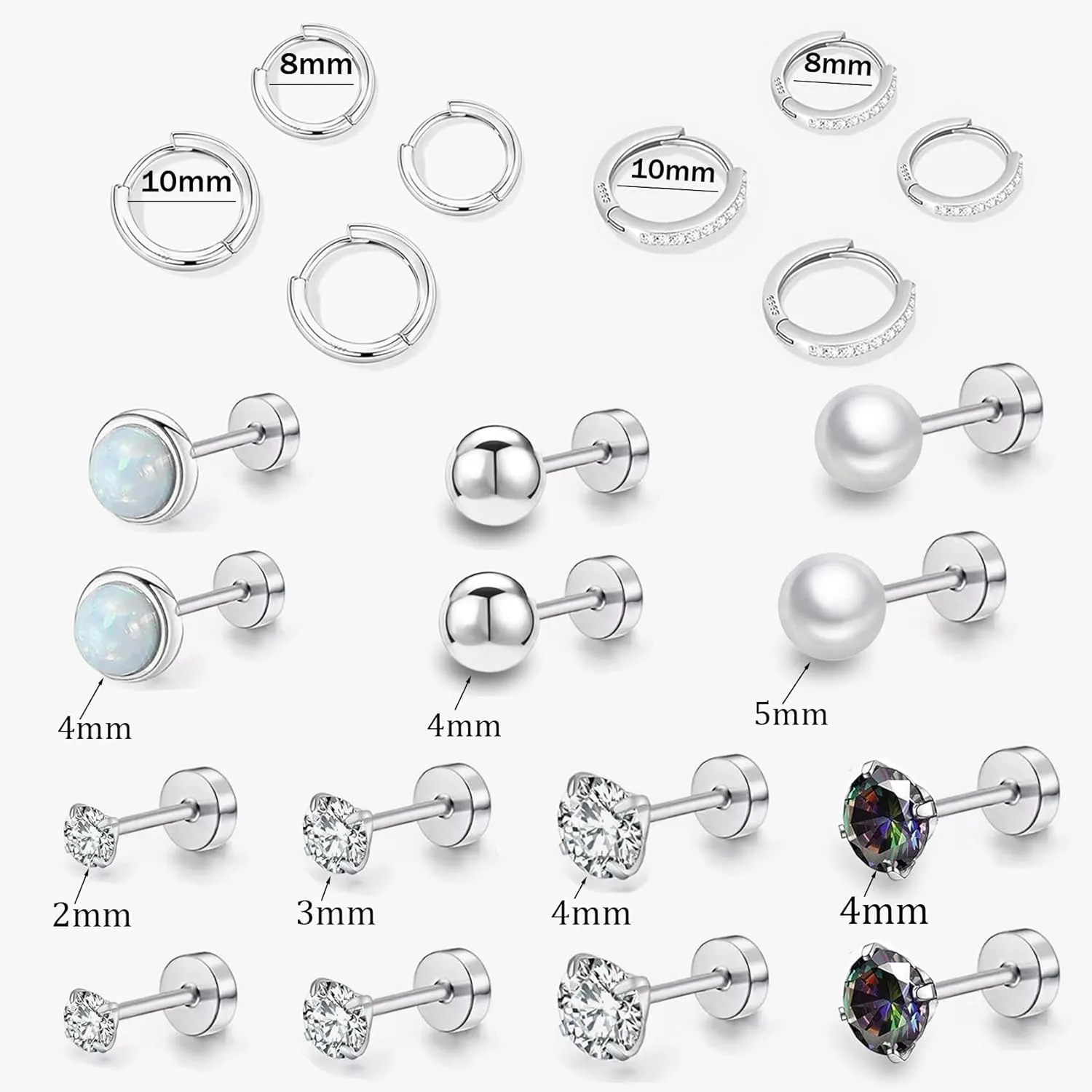 Surgical Steel Flat Back Earrings Set for Multiple Piercing Sensitive Ears,Sterling Silver Hypoallergenic Small Cartilage Huggie Hoop Earrings Titanium Tiny CZ Pearl Opal Stud Earrings for Women