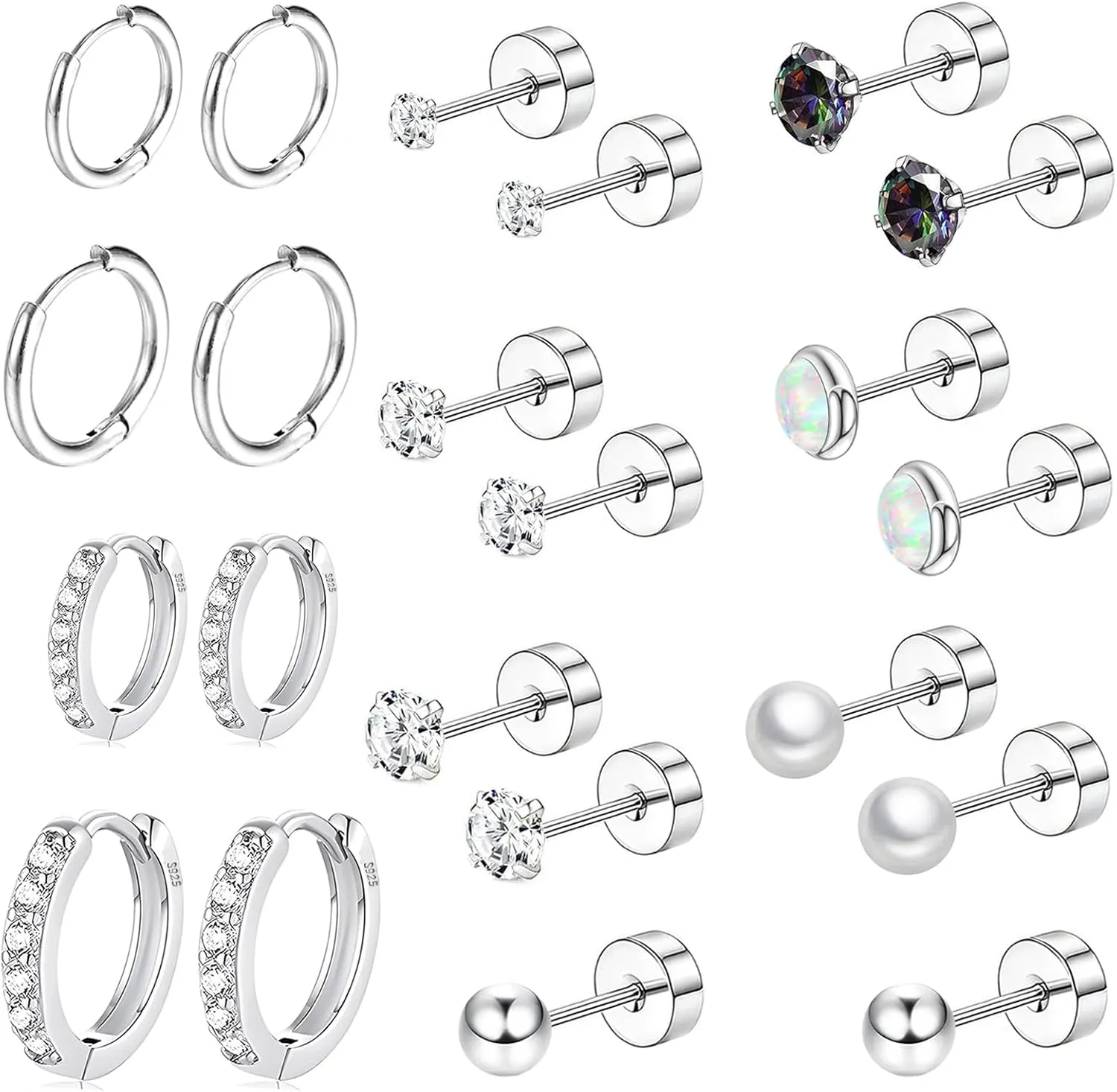 Surgical Steel Flat Back Earrings Set for Multiple Piercing Sensitive Ears,Sterling Silver Hypoallergenic Small Cartilage Huggie Hoop Earrings Titanium Tiny CZ Pearl Opal Stud Earrings for Women