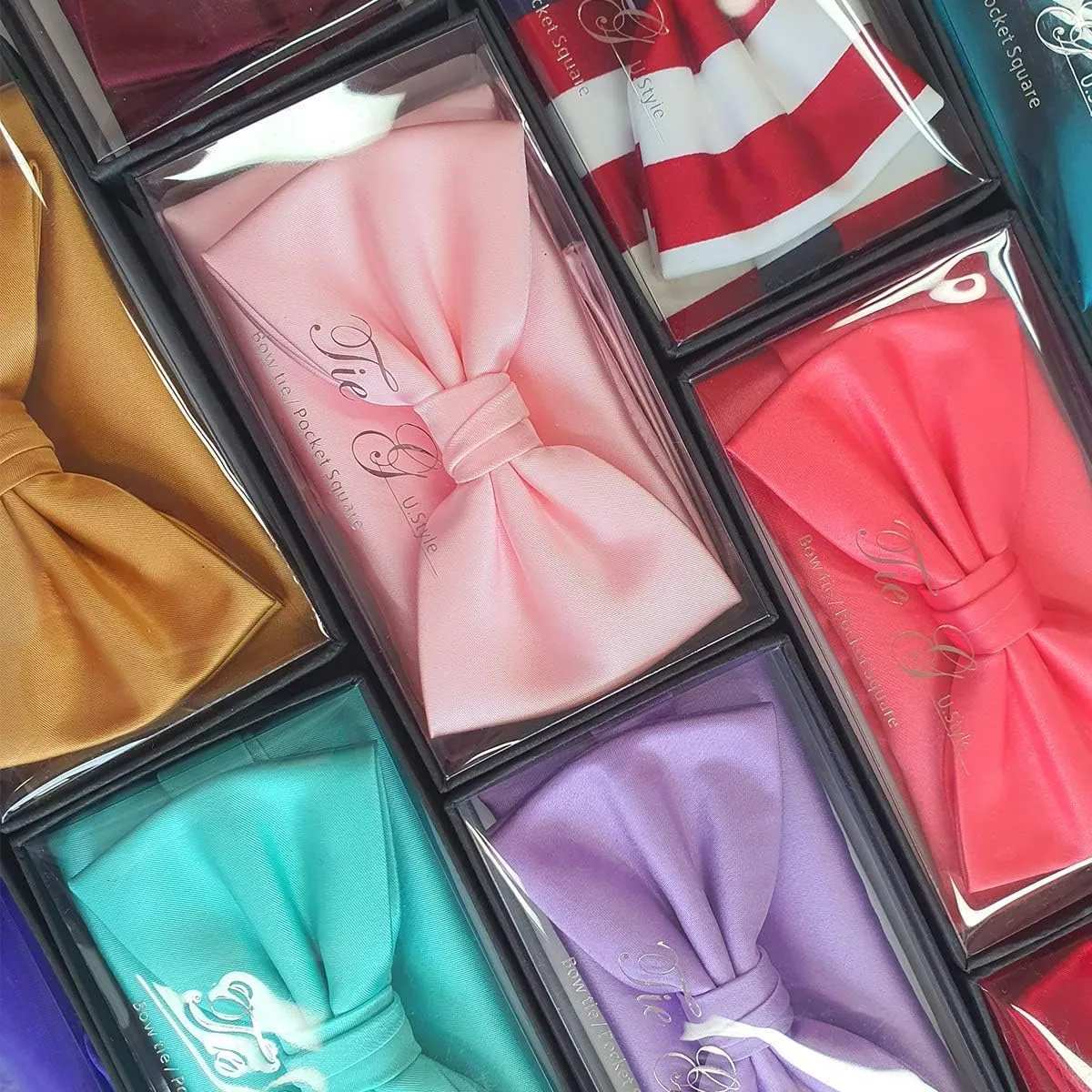 TIE G Solid Color Pre-tied Bow Tie and Pocket Square Sets in Gift Box