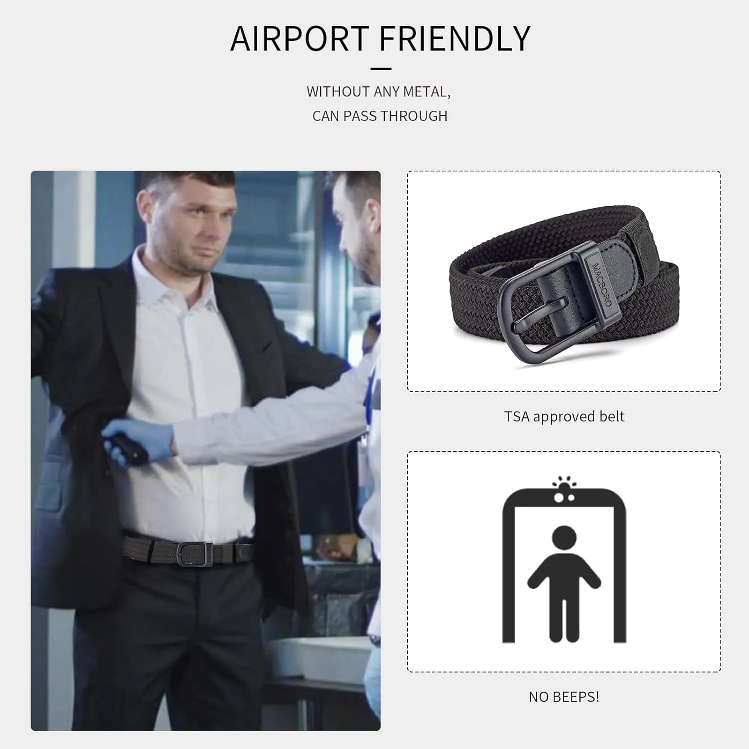 Tsa Approved Hypoallergenic Nickel Free Non Metal Belt for Men Elastic Stretch Braided Golf Accessories Belt