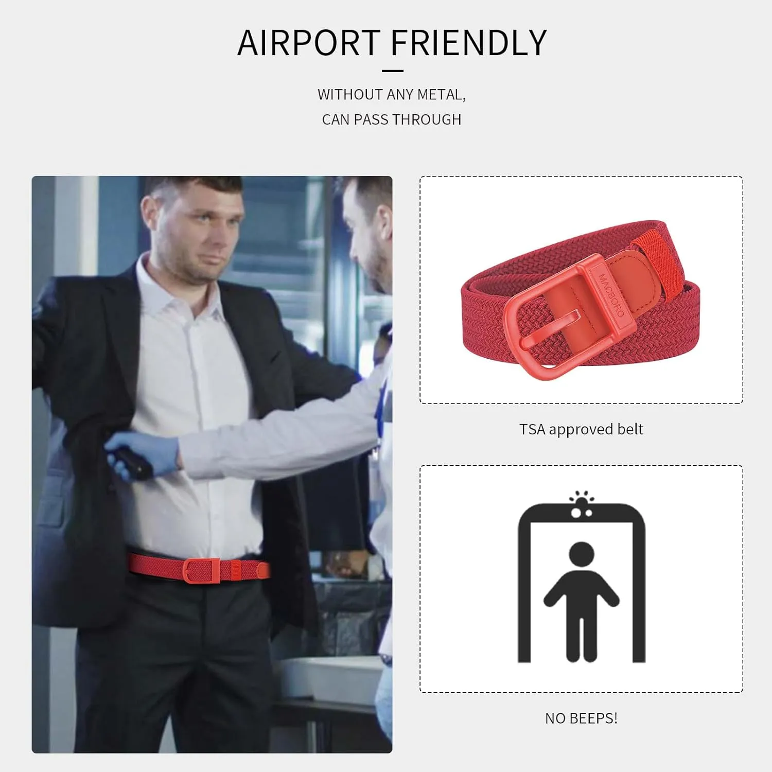 Tsa Approved Hypoallergenic Nickel Free Non Metal Belt for Men Elastic Stretch Braided Golf Accessories Belt