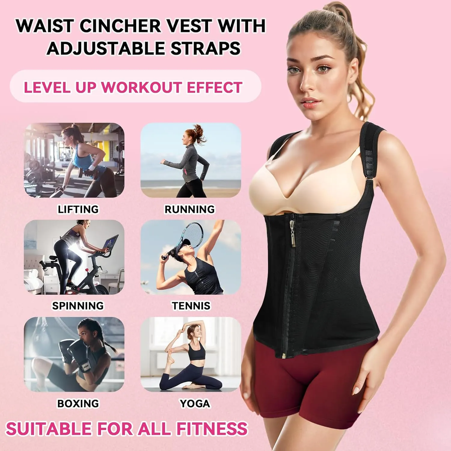 Waist Trainer for Women,Corset with Zipper and Hook Tummy Control Girdle Workout Body Shaper With Adjustable Shoulder