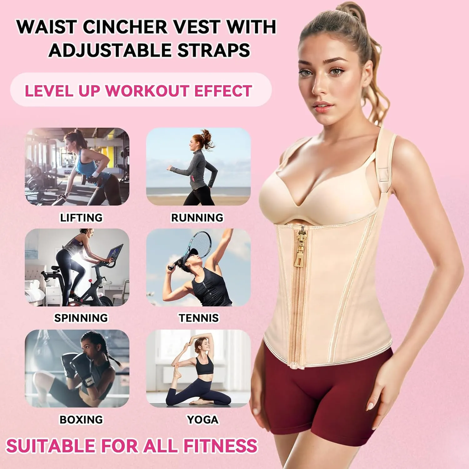 Waist Trainer for Women,Corset with Zipper and Hook Tummy Control Girdle Workout Body Shaper With Adjustable Shoulder