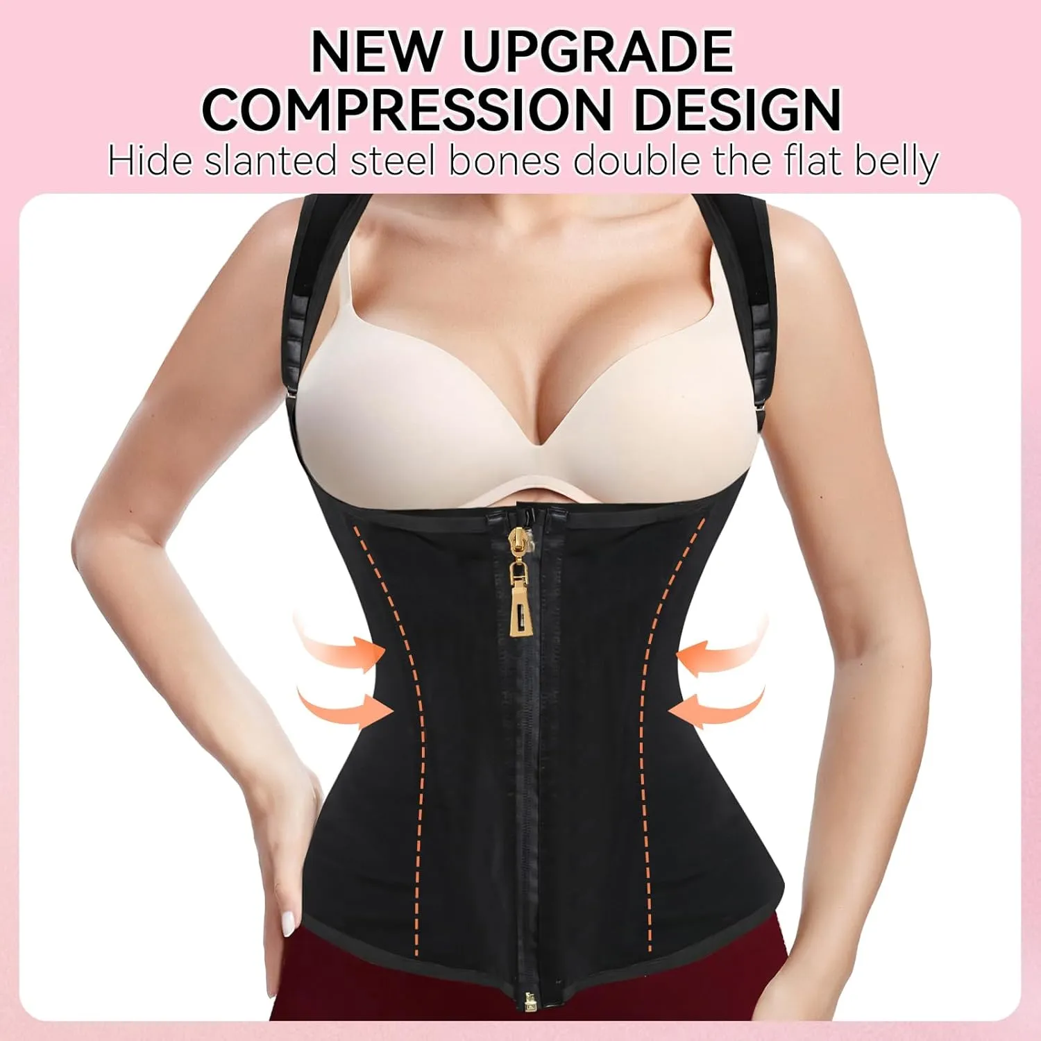 Waist Trainer for Women,Corset with Zipper and Hook Tummy Control Girdle Workout Body Shaper With Adjustable Shoulder