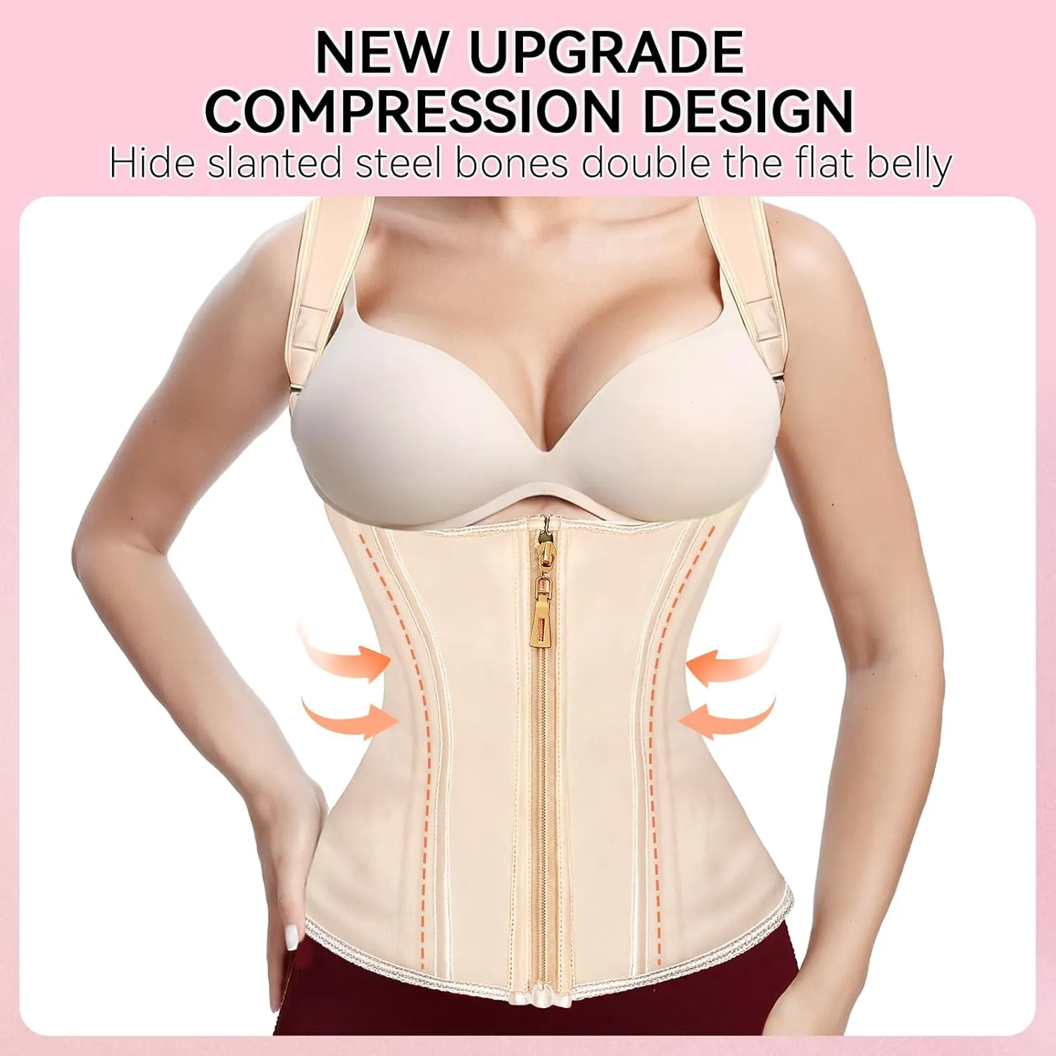 Waist Trainer for Women,Corset with Zipper and Hook Tummy Control Girdle Workout Body Shaper With Adjustable Shoulder