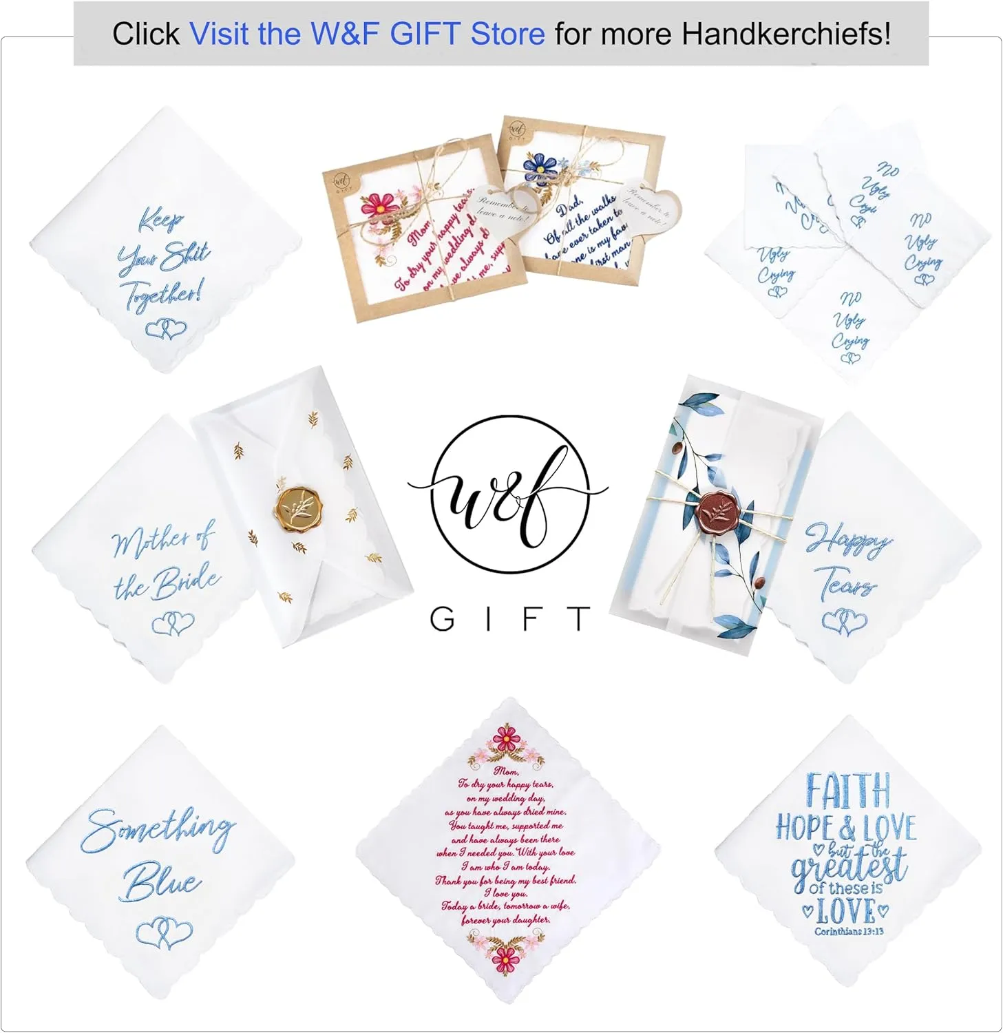 W&F GIFT Handkerchief - 12" x 12" - Something Blue for Bride on Wedding Day - Fun Gift