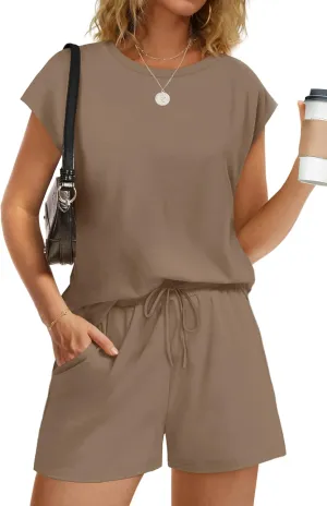 WIHOLL Two Piece Sets for Women Summer Crew Neck Lounge Short Sets Cap Sleeve Drawstring Sweatsuit with Pocket