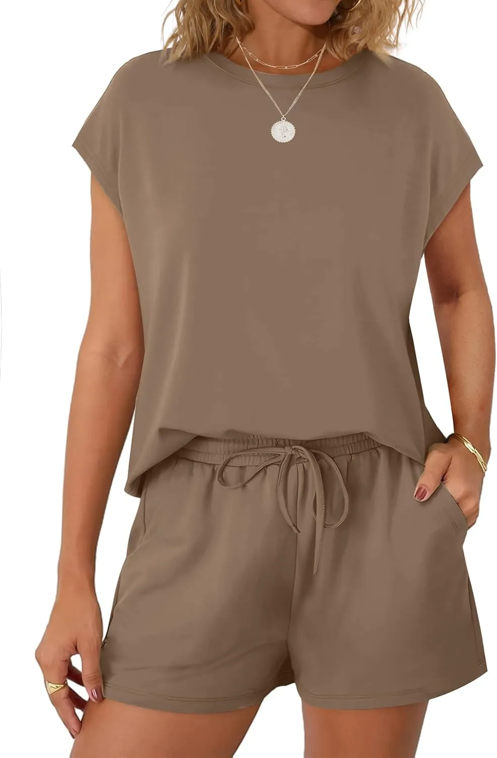 WIHOLL Two Piece Sets for Women Summer Crew Neck Lounge Short Sets Cap Sleeve Drawstring Sweatsuit with Pocket