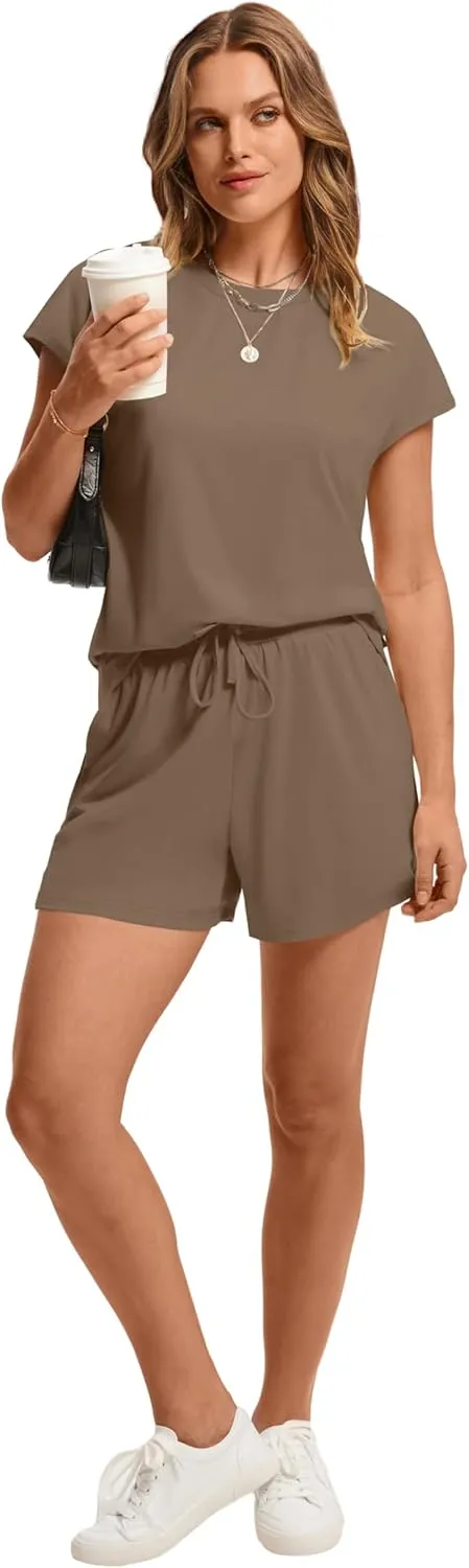WIHOLL Two Piece Sets for Women Summer Crew Neck Lounge Short Sets Cap Sleeve Drawstring Sweatsuit with Pocket