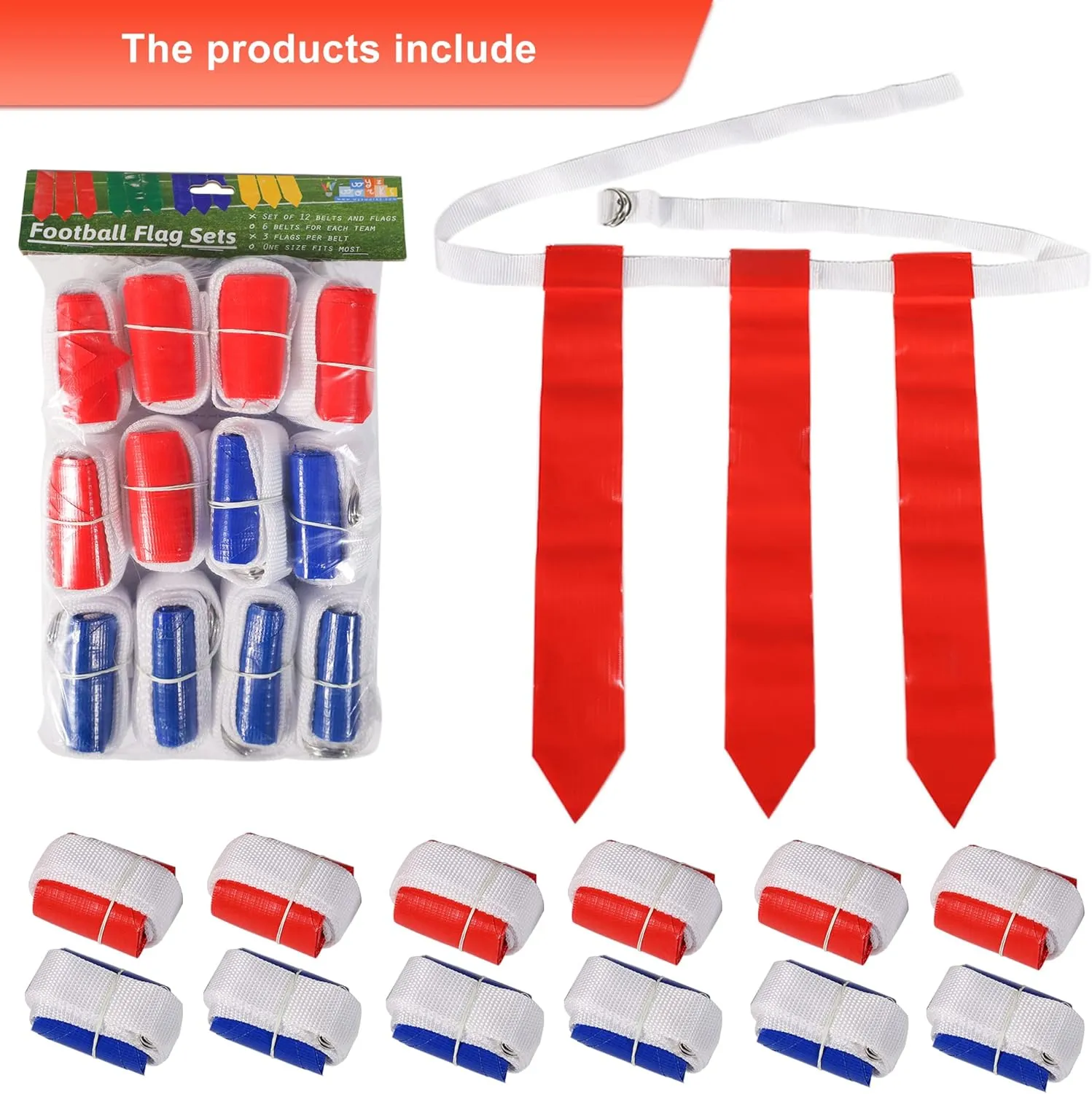 WYZworks 12 Player Adjustable Flag Football Youth/Adult Set, 3 Flags per Belt, Side Release Buckle, 36 Flags, 6 v 6 Set